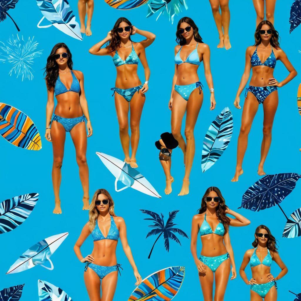 A vibrant beach scene showcasing an array of stylish bikinis and beachwear featuring cosmic patterns and colors. Include starry sky motifs on the swimwear, with models enjoying a sunny day, diving into sparkling aquamarine water. Add elements like beach umbrellas and surfboards adorned with celestial designs, evoking a fun, summery vibe. The atmosphere should be infused with energy and warmth. super-realistic. vibrant colors. bright blue sky.